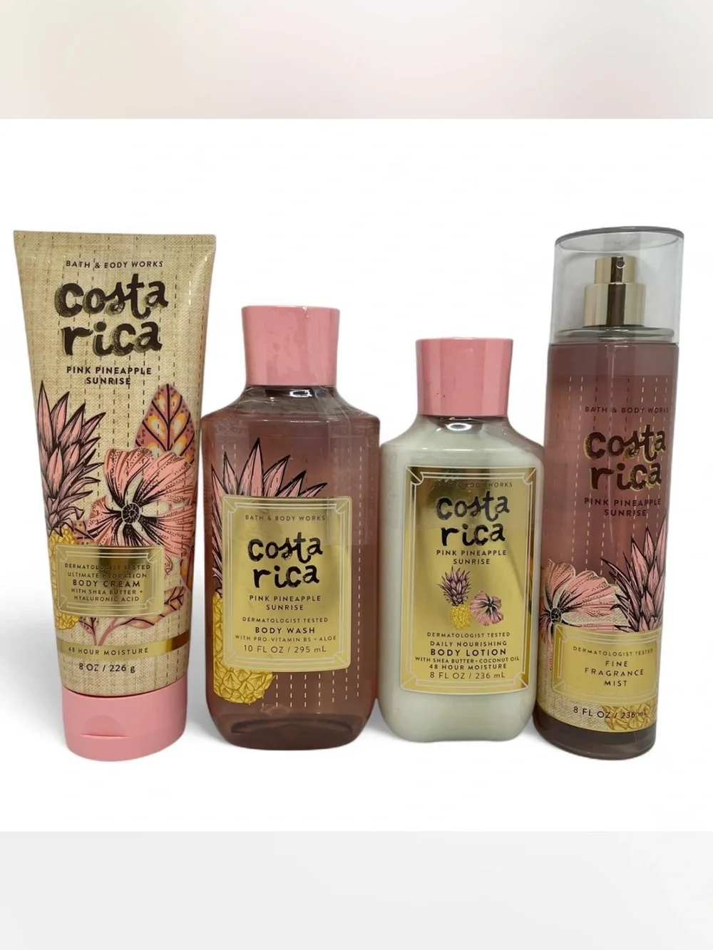 4 Piece Set Bath & Body Works Costa Rica Pink Pineapple Sunrise Lotion Wash Mist